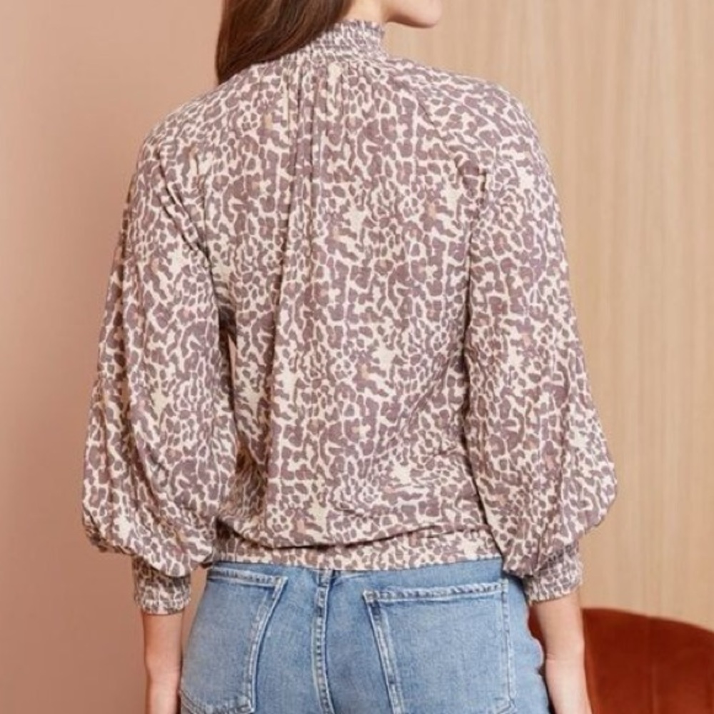 Nation LTD Leopard Print Smocked Mock Neck Blouse – Size Small - Picture 4 of 14
